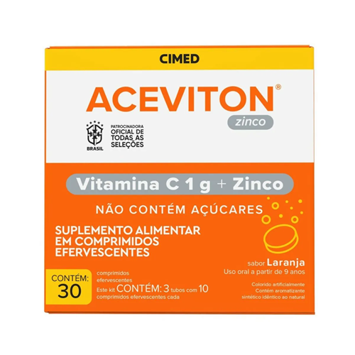 Aceviton Zinco 1g + 10mg Sabor Laranja 30 Comprimidos Efervescentes